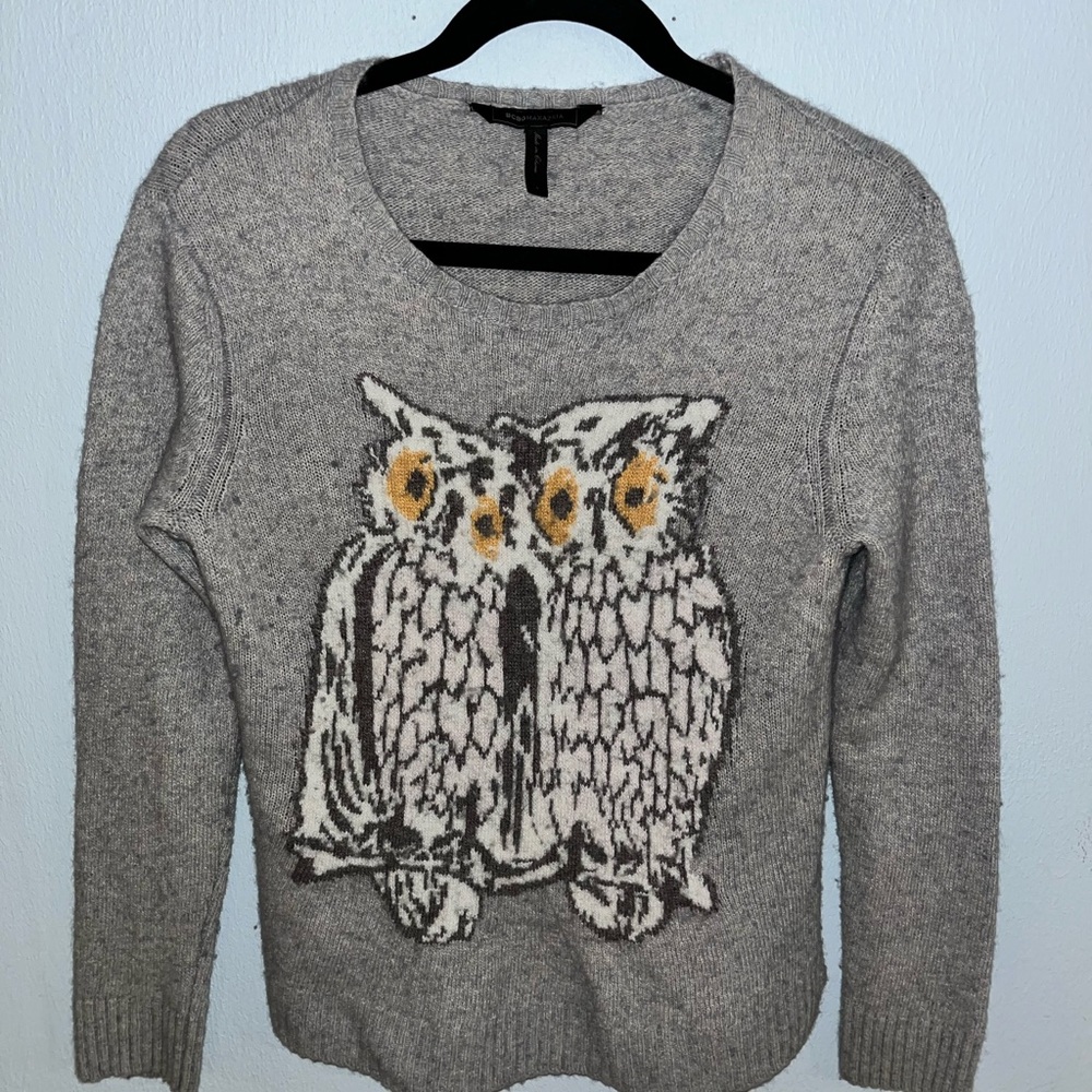 BCBGMaxAzria Gray Crew Neck Sweater with Owl Design